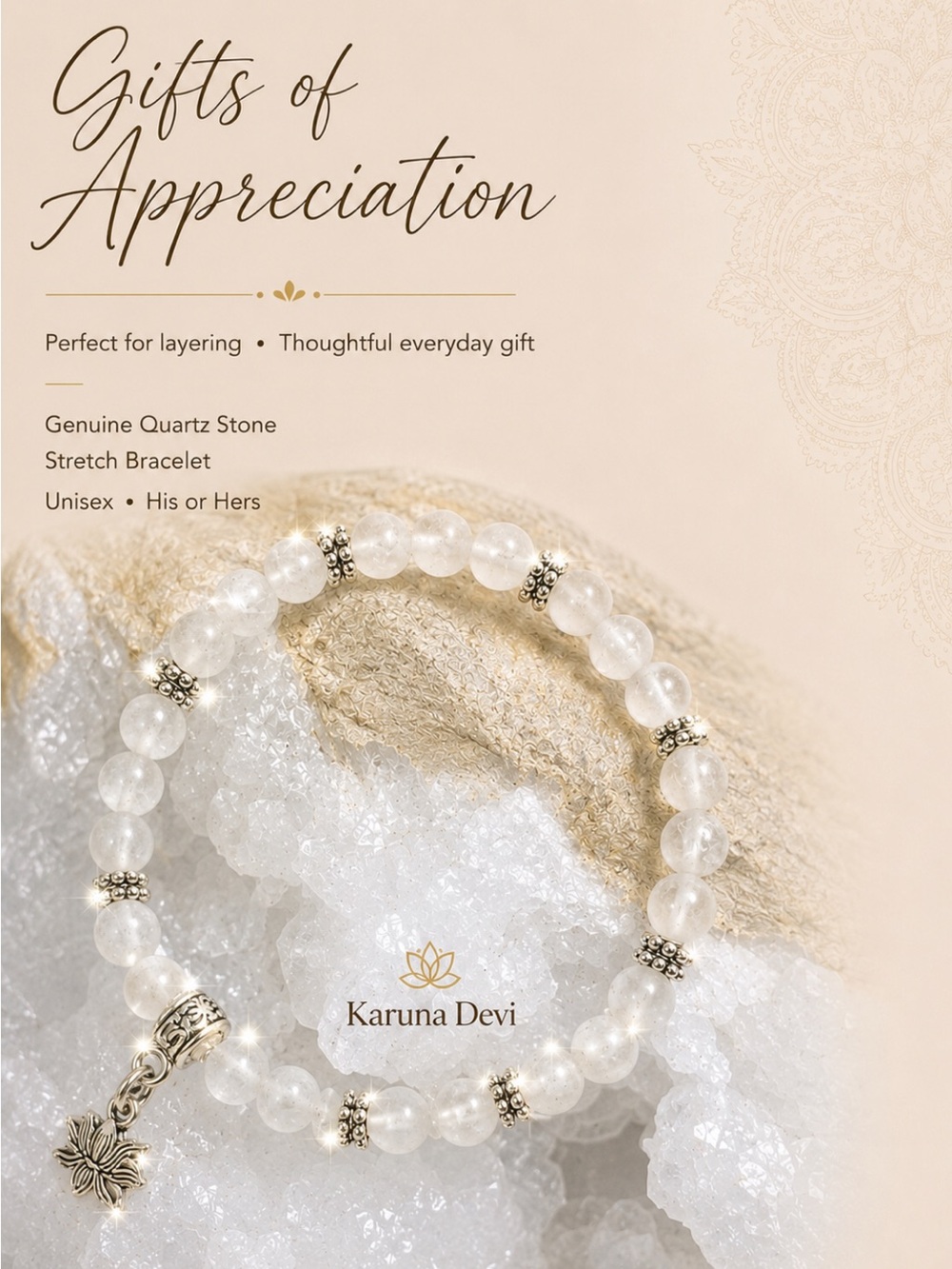 Clear Quartz Genuine, Beaded Bracelet with Lotus Charm
